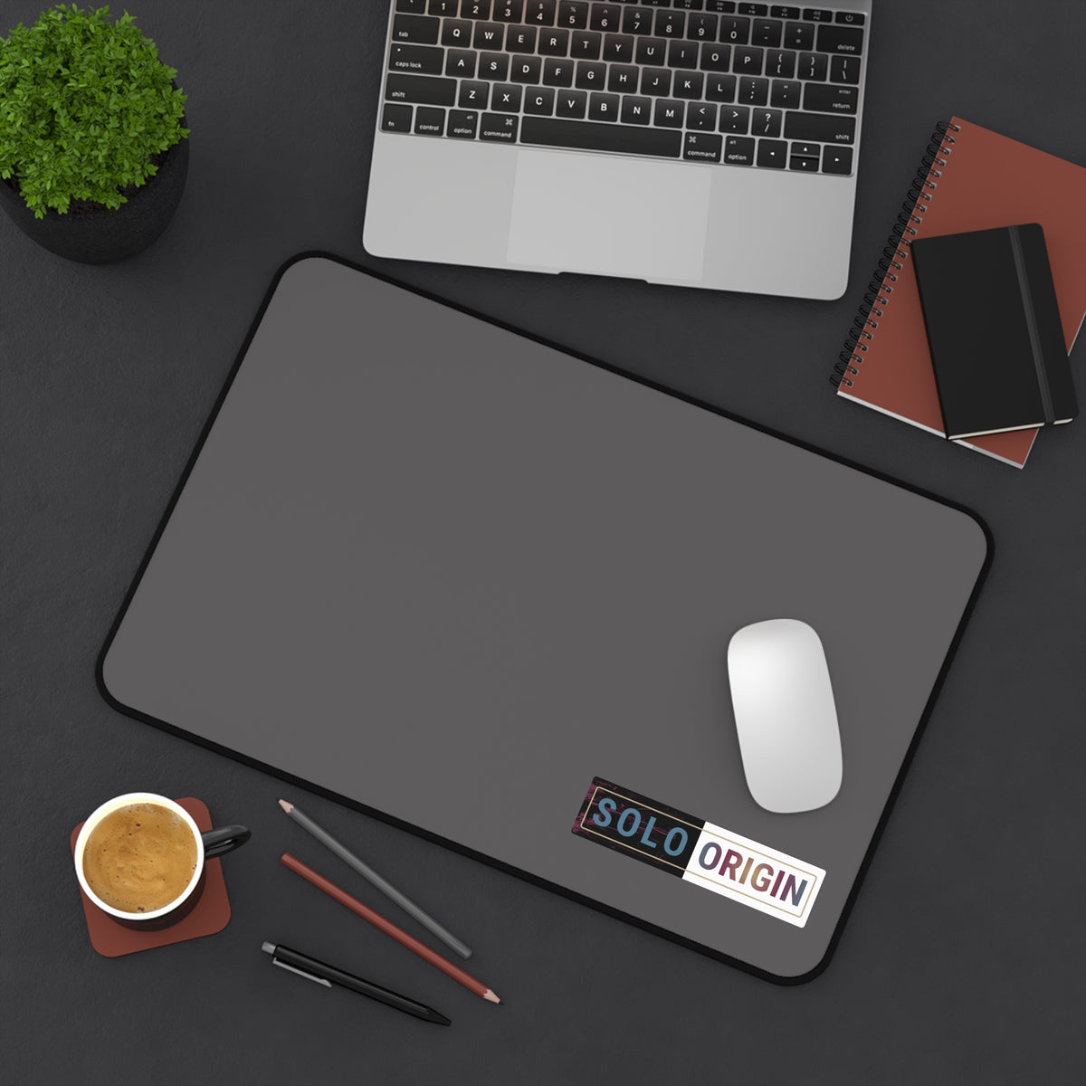 Desk Mat - Minimal Grey Mouse Pad with "SOLO ORIGIN" Logo