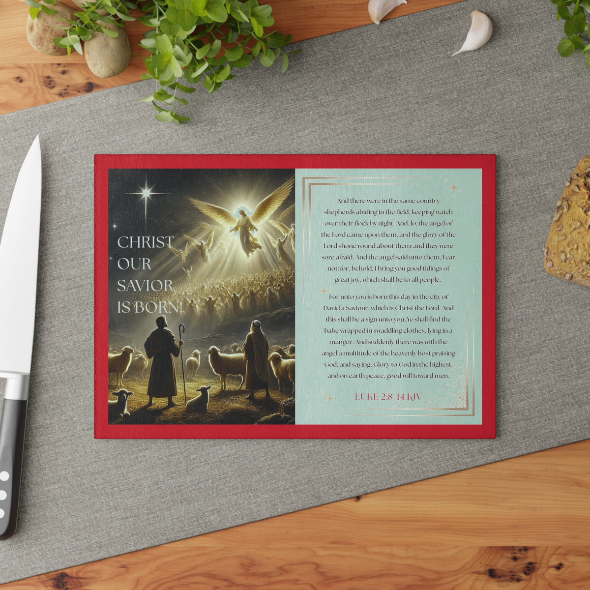 Tempered Glass Cutting Board Dark Red Background — Nativity Angels & Luke 2:11-14 (Christmas Kitchen Decor)