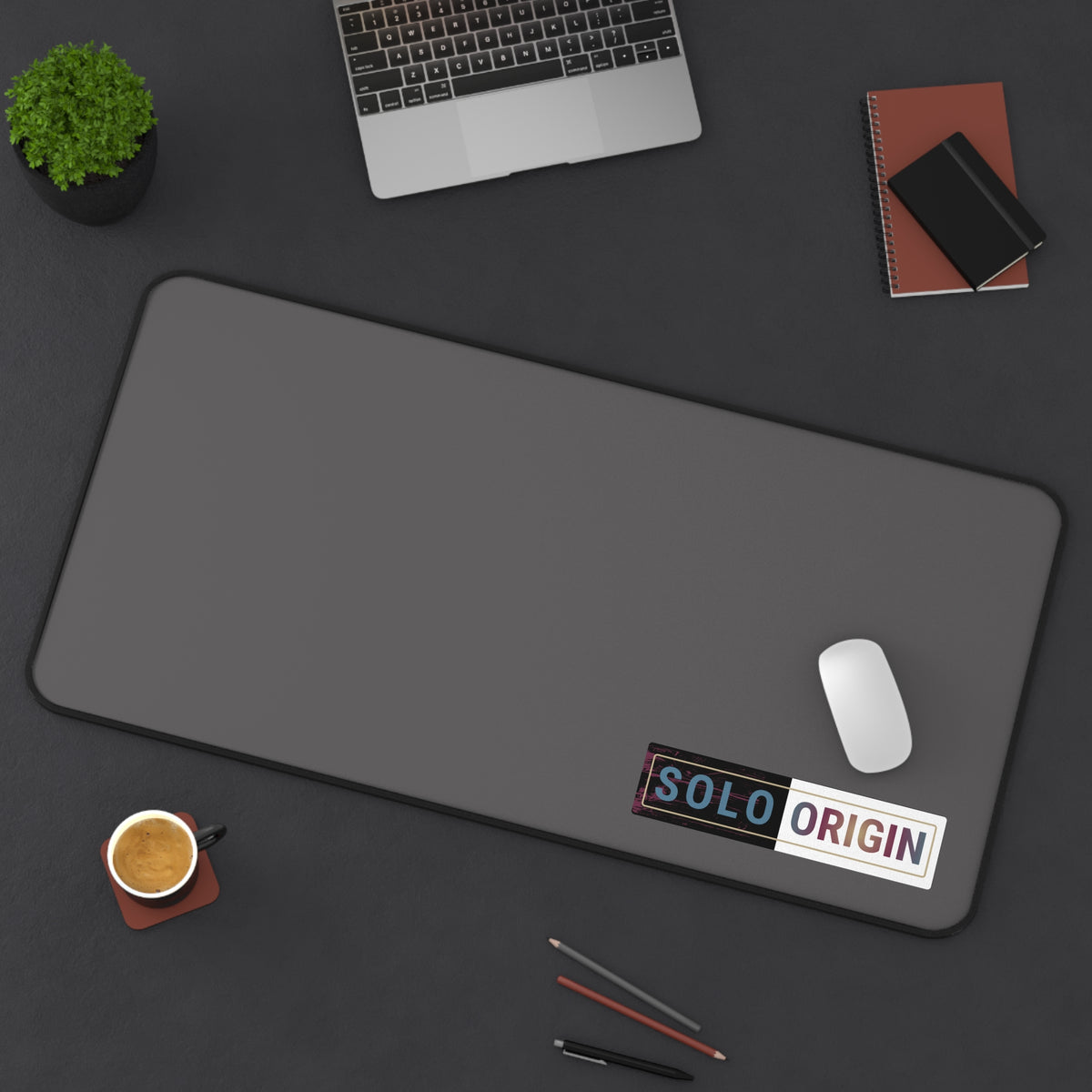 Desk Mat - Minimal Grey Mouse Pad with "SOLO ORIGIN" Logo