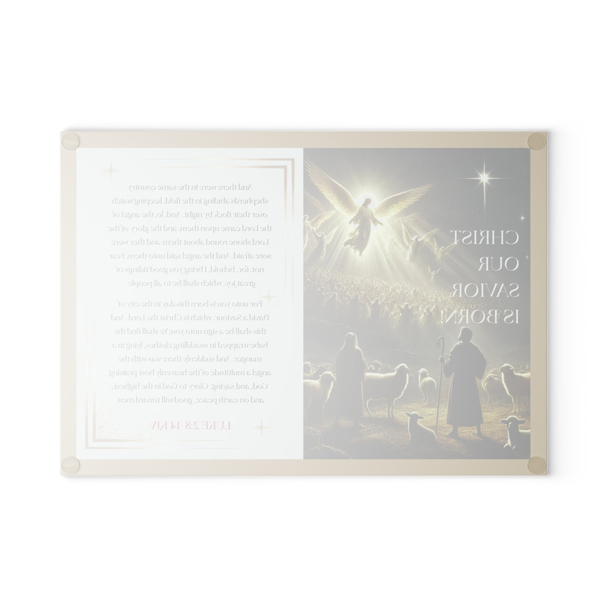 Tempered Glass Cutting Board Gold Background — Nativity Angels & Luke 2:11-14 (Christmas Kitchen Decor)