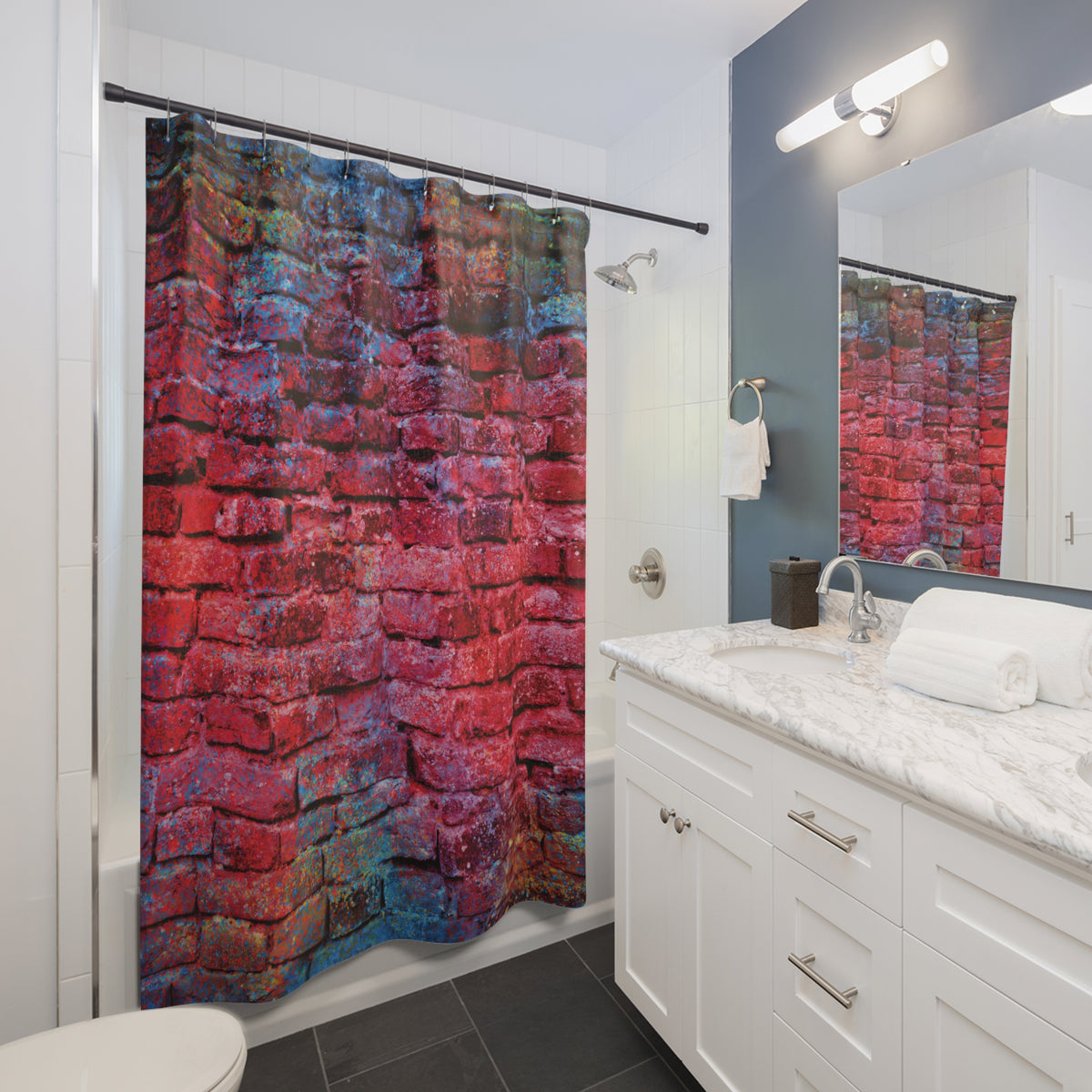 Urban Graffiti Brick Shower Curtain | Red & Blue Wall Art
