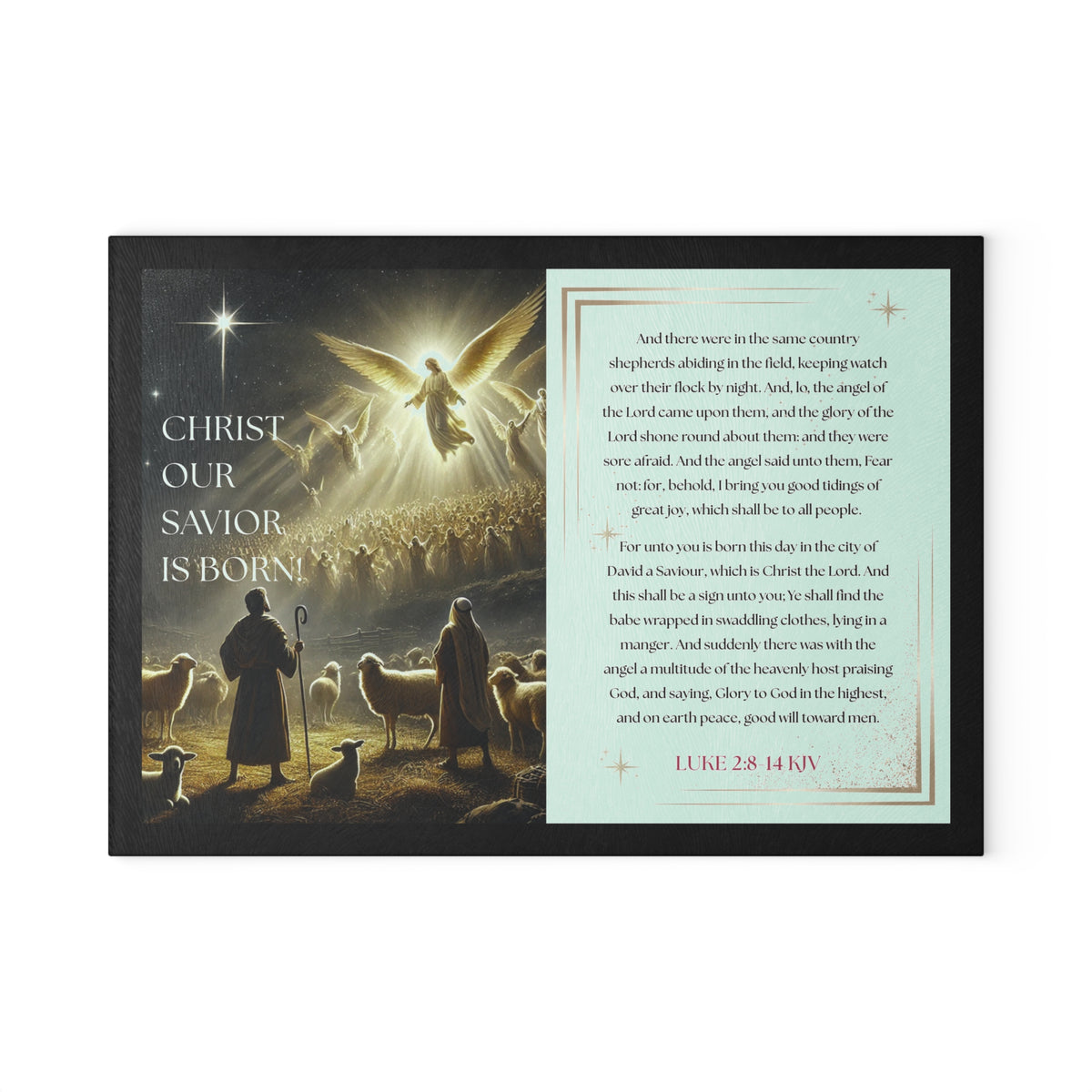 Tempered Glass Cutting Board Black Background — Nativity Angels & Luke 2:11-14 (Christmas Kitchen Decor)
