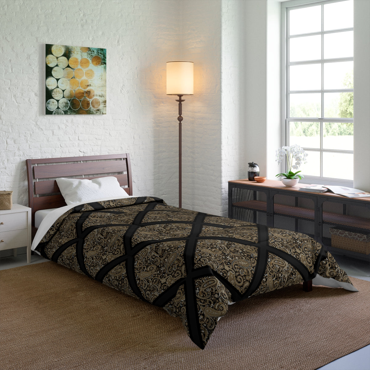 Vintage Damask Lattice Comforter – Brown Ornate Pattern Bedspread