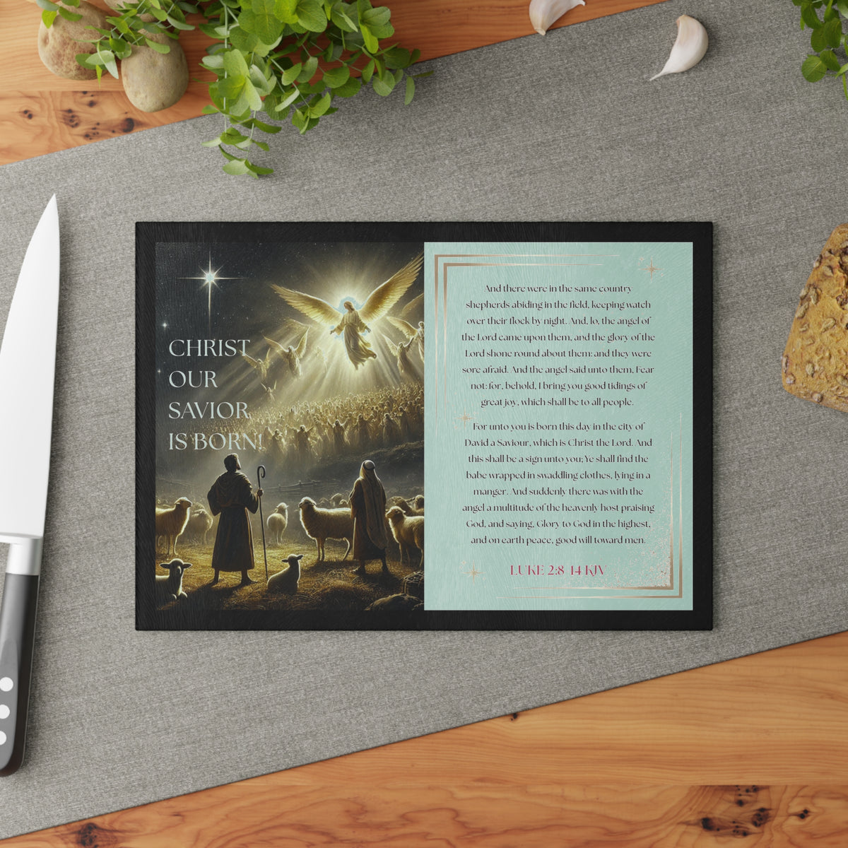 Tempered Glass Cutting Board Black Background — Nativity Angels & Luke 2:11-14 (Christmas Kitchen Decor)