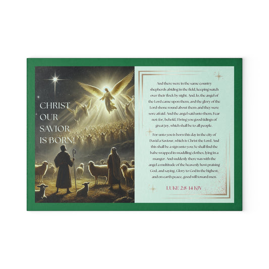 Tempered Glass Cutting Board Dark Green Background — Nativity Angels & Luke 2:11-14 (Christmas Kitchen Decor)
