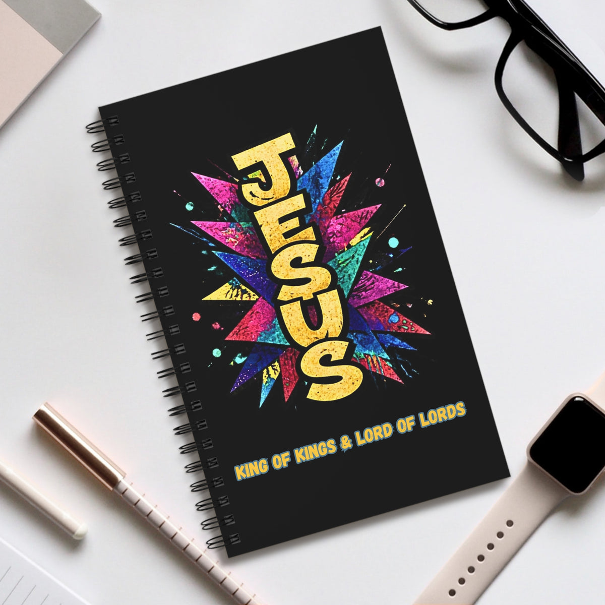 Christian Spiral Journal – "JESUS" Colorful Burst | King of Kings Inspirational Notebook